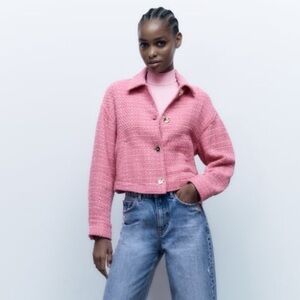 Zara Pink Tweed Cropped Blazer Jacket XS